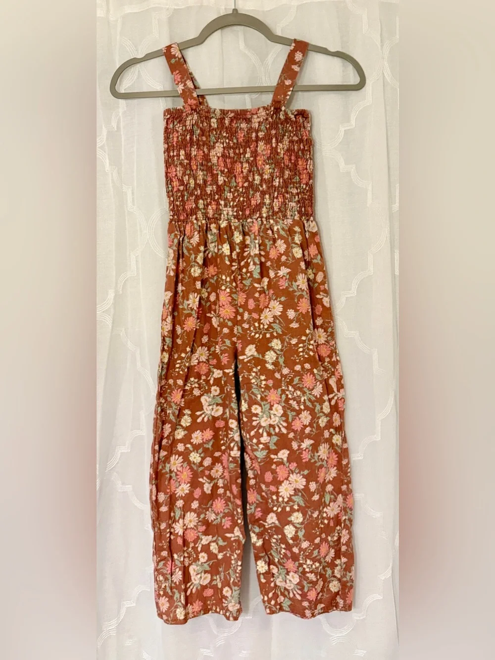 OshKosh Girls 8 Rust Floral Smocked Wide Leg Jumpsuit